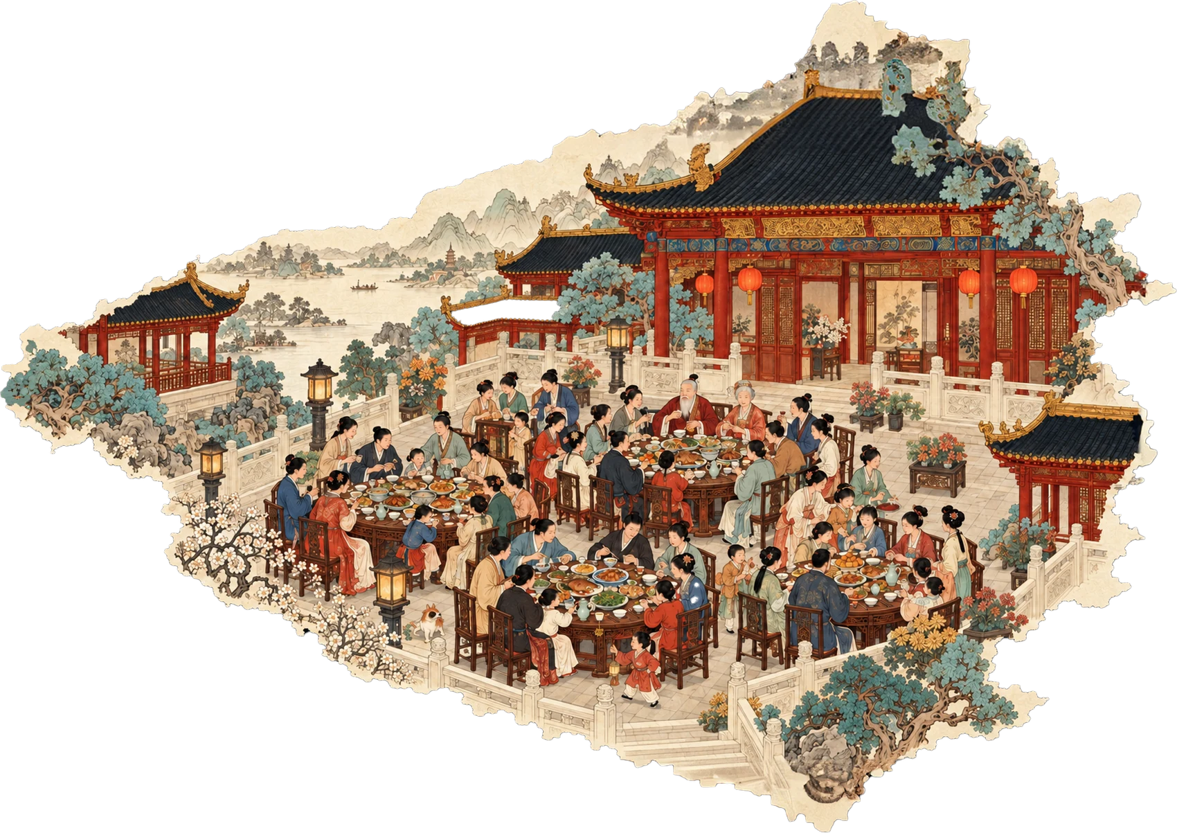 宗親齊聚傳統庭院,共享團圓宴席的插畫