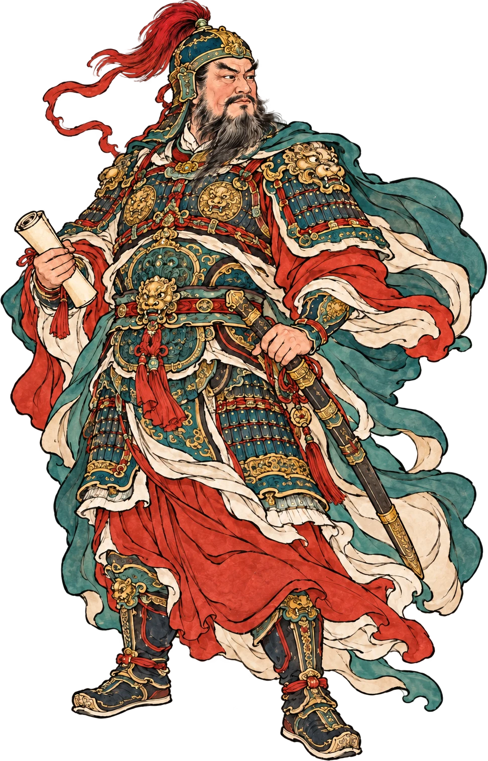 汾陽郡王郭子儀身穿鎧甲，手持書卷與佩劍