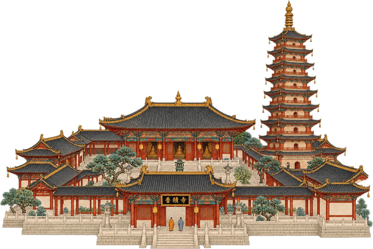 香積寺殿宇與古塔插畫